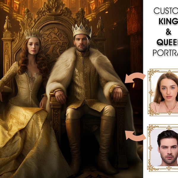 The Majesty of Personalized King and Queen Portraits, Custom Royal Couple Art, Custom King and Queen Portrait, Regal Anniversary Gift