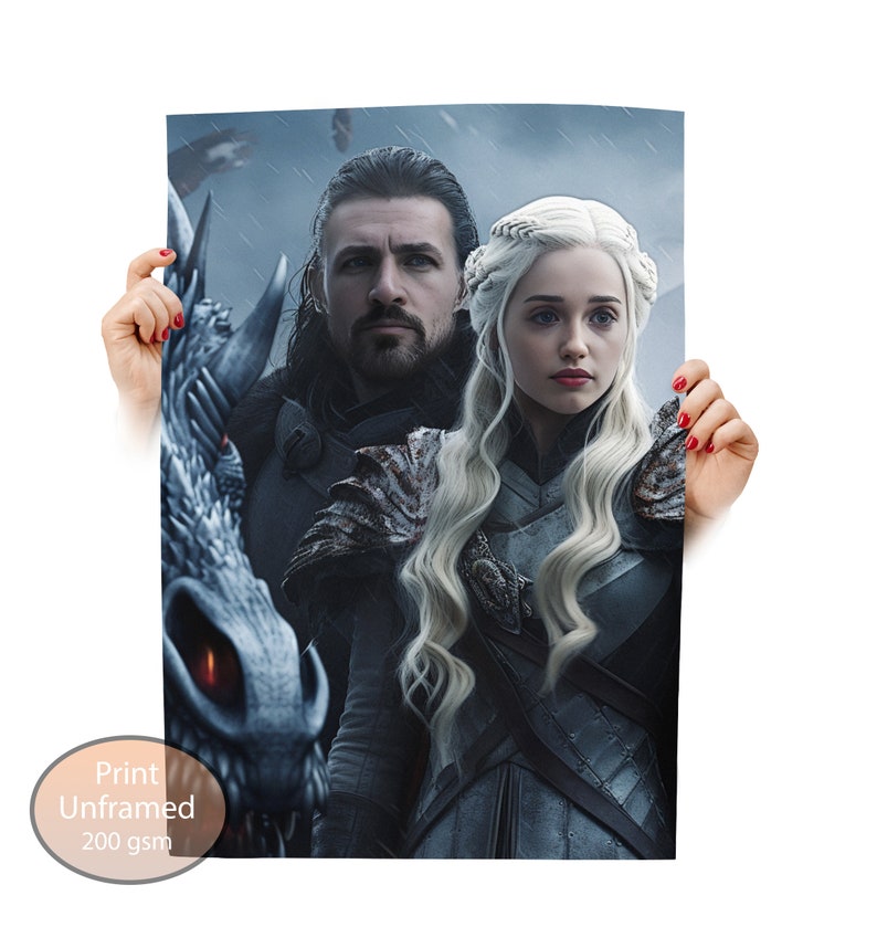 May include: Print featuring a fantasy art image of two people with a dragon. The woman has long, wavy, platinum blonde hair and is wearing armor. The man has dark hair and a beard. The print is labeled "Print Unframed 200 gsm."