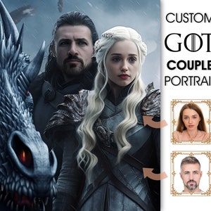May include: A digital portrait featuring a couple in fantasy attire, with a dragon in the foreground. The image includes the text "CUSTOM GOT COUPLE PORTRAIT" and two small framed portraits. The couple is dressed in dark armor.