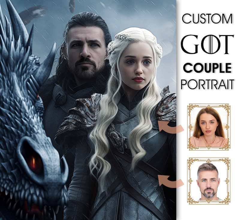 May include: A digital portrait featuring a couple in fantasy attire, with a dragon in the foreground. The image includes the text "CUSTOM GOT COUPLE PORTRAIT" and two small framed portraits. The couple is dressed in dark armor.