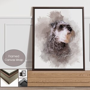 May include: Framed canvas wrap featuring a watercolor-style portrait of a Schnauzer dog. The artwork showcases the dog's gray and white fur, with the name "Apollo" written in cursive. The canvas is set in a dark brown frame.