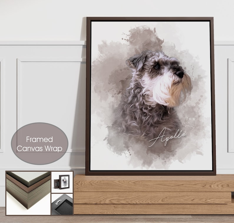 May include: Framed canvas wrap featuring a watercolor-style portrait of a Schnauzer dog. The artwork showcases the dog's gray and white fur, with the name "Apollo" written in cursive. The canvas is set in a dark brown frame.