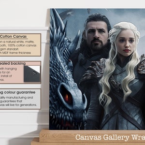 May include: Canvas gallery wrap featuring a fantasy art print. The artwork depicts two characters with a dragon. The canvas is made of 100% cotton and has a 1.25-inch MDF frame. The canvas has hard sealed backing and comes with hanging hardware.