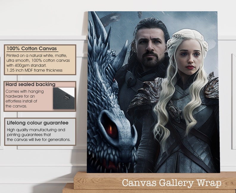 May include: Canvas gallery wrap featuring a fantasy art print. The artwork depicts two characters with a dragon. The canvas is made of 100% cotton and has a 1.25-inch MDF frame. The canvas has hard sealed backing and comes with hanging hardware.