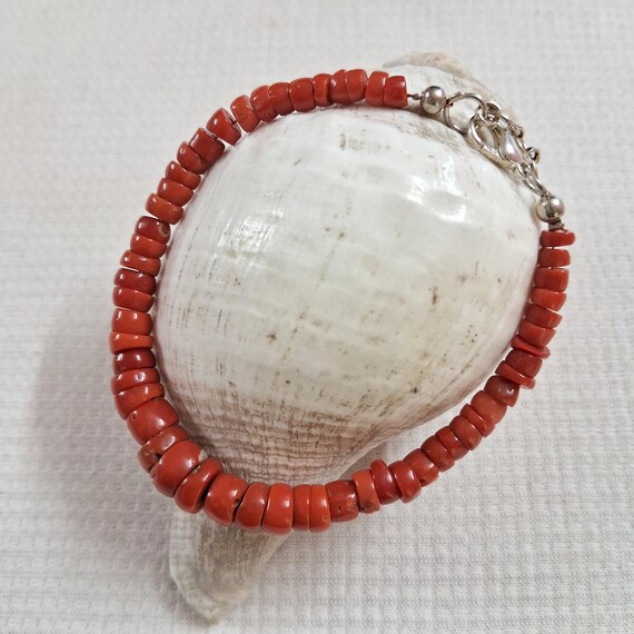 Bracelet Vintage En Perles De Corail Naturel 100% - Fait Main - Rouge-orange - 7 Pouces