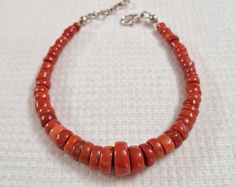 Italian Red Coral Bracelet: Handmade Smooth Gemstone Beads, 7" Adjustable