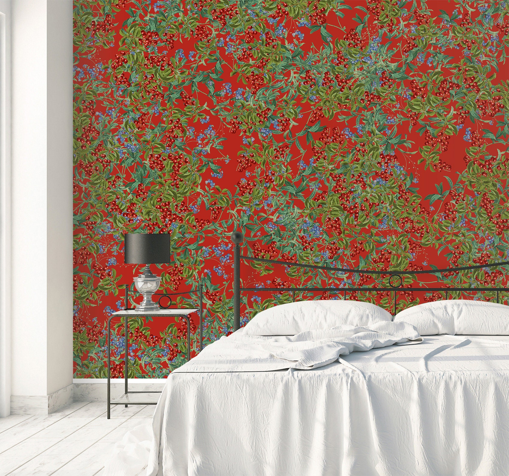 Papier Peint Fleuri Branchage sur Fond Rouge