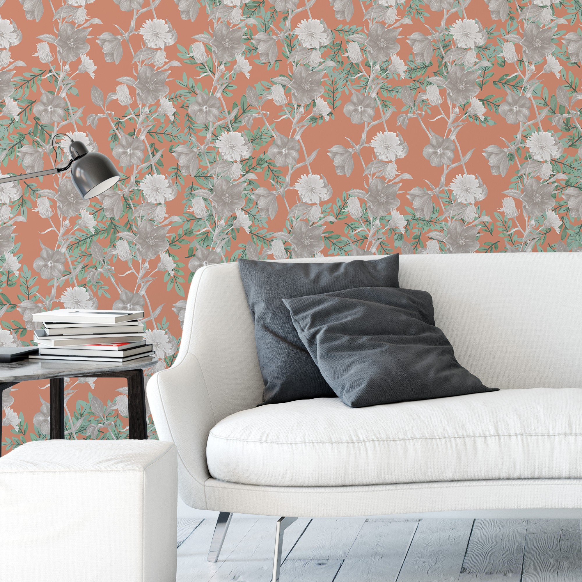 Papier Peint Vintage Fleurs Blanches Rouge Beige