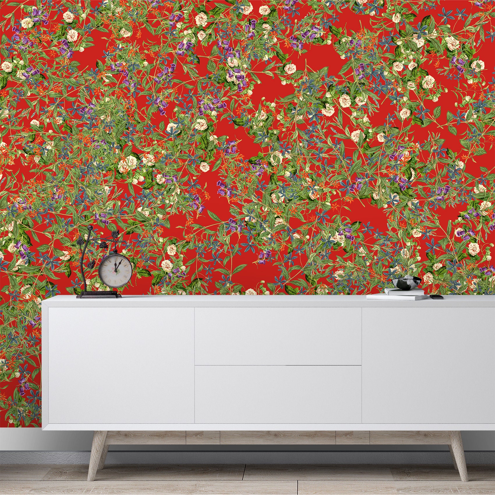 Papier Peint Fleuri Fond Rouge