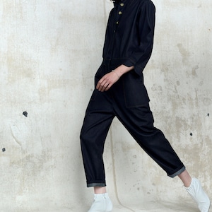 Indigo cotton jumpsuit, patch pockets and top stitching, tapered leg