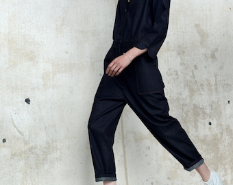 Indigo cotton jumpsuit, patch pockets and top stitching, tapered leg