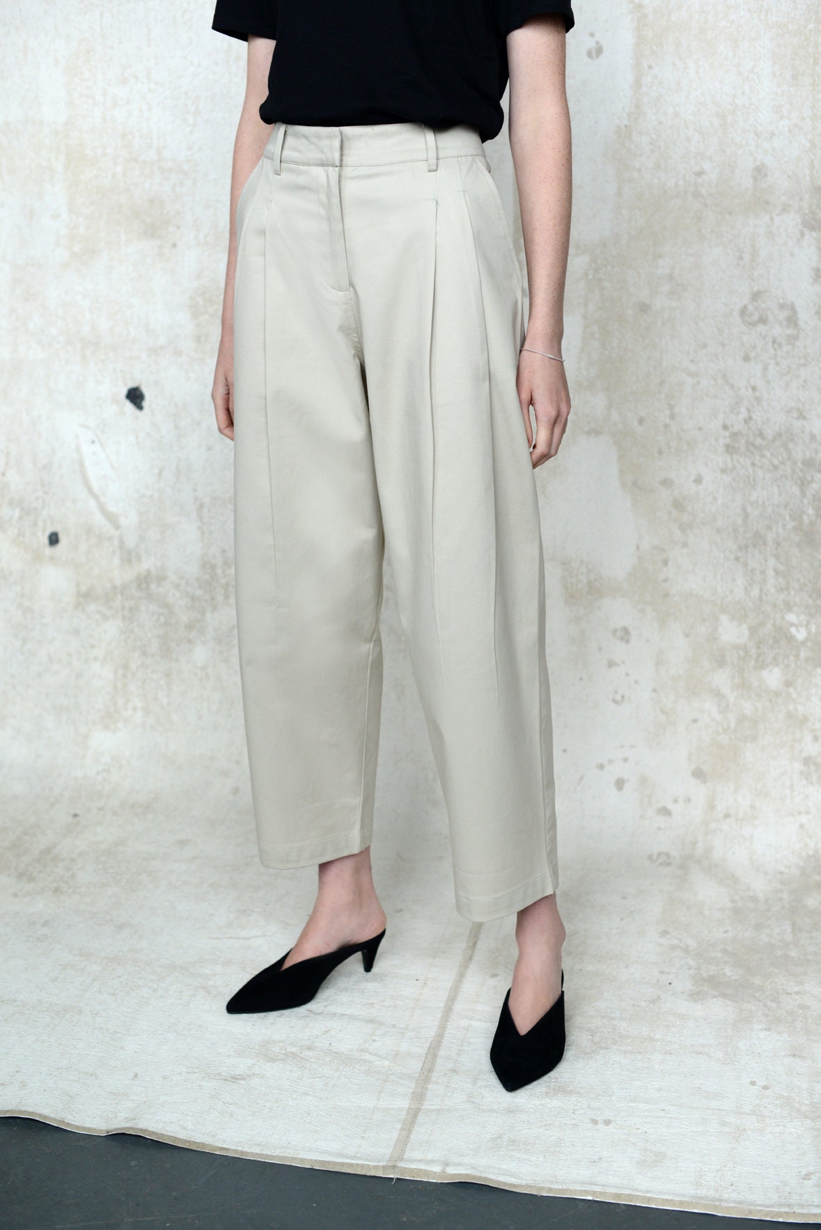 Beige Cotton High Waisted Trousers With Double Pleat to Front - Etsy UK