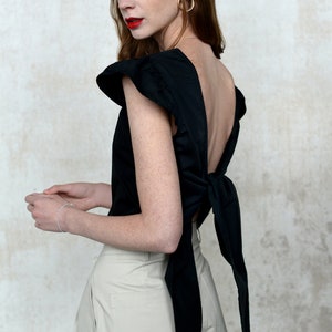 Black Cotton Poplin, reversible, low back tie top