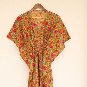 Hand Block Printed Cotton Kaftan Dress: Floral Boho Loungewear