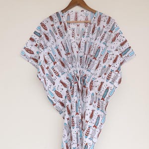 Hand Block Printed Cotton Kaftan Dress: Indian Fish Design, Boho Cover-Up