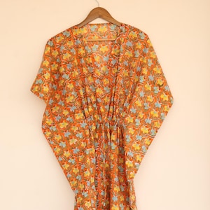 Hand Block Printed Cotton Kaftan Dress: Indian Floral Boho Maxi
