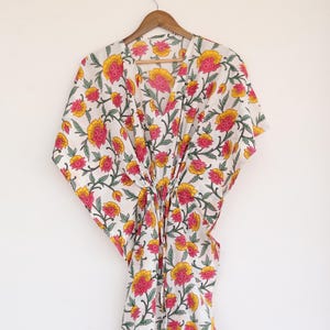 Hand Block Printed Cotton Kaftan Dress: Floral Boho Maxi Cover-Up