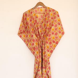 Floral Kaftan Maxi Dress: Hand Block Print Cotton Boho Cover-Up