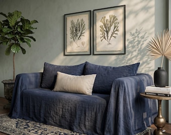 Capa para sofá em linho azul-marinho | Capa para sofá com modelagem relaxada | Protetor de móveis estilo boho | Capa para sofá em linho natural | Capa para sofá lavável