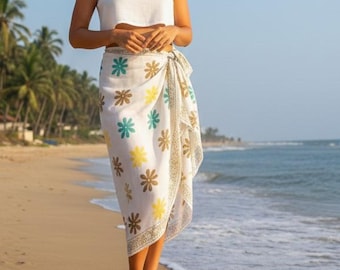 Hand Block Printed Floral Cotton Sarong,  Lightweight Summer Beach Wrap