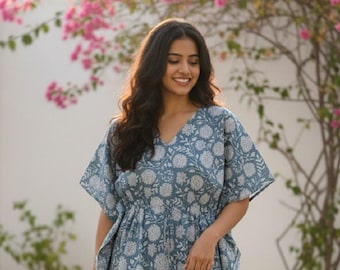 Women’s Blue Printed Cotton Kaftan – Loose Fit Long Maxi Dress with Pockets,  Bohemian Style