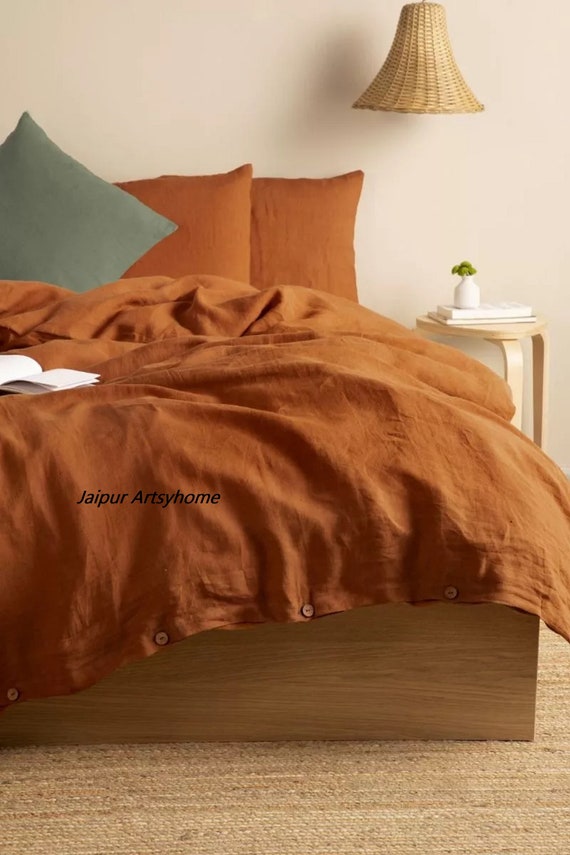 Linen duvet cover in cinnamon rust color Washed linen bedding Duvet Cover With Buttons Linen Bedding Set of Duvet Cover & 2 Pillowcases