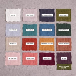 May include: A grid of sixteen square fabric swatches with scalloped edges, each labeled with its color: white, light grey, charcoal grey, olive green, sky blue, teal blue, denim blue, forest green, natural, redwood, mustard yellow, cocoa brown, blush pink, dusty pink, burgundy, plum, and dark moss green.