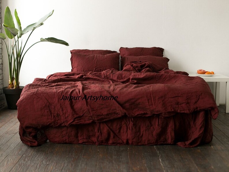 Linen Duvet Cover With Buttons in Deep Burgundy / Washed Soft Etsy