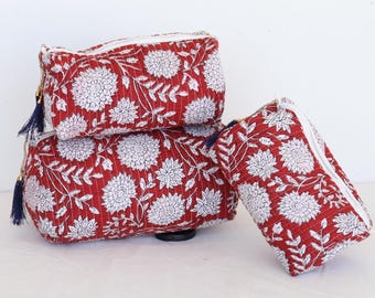 Indian Block Print Cosmetic Bags Set: Quilted Cotton Travel Organizer