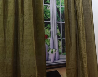 Olijfgroen linnen gordijn: boho-raampaneelset