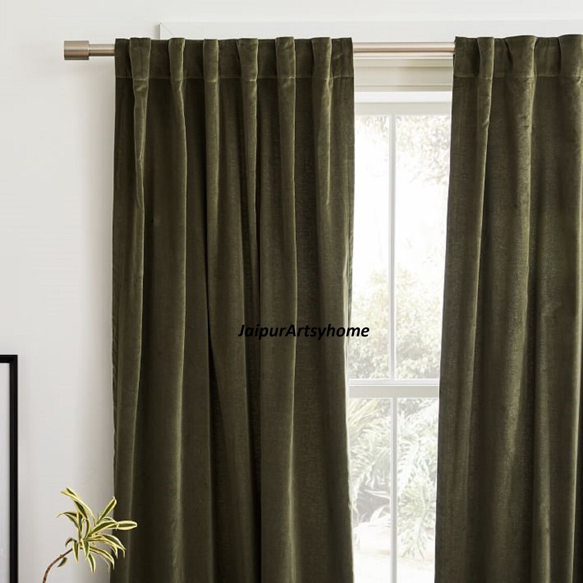 Olive Green Color Two Panel Curtain Fringes Curtain Window Etsy