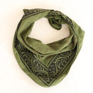 Handmade Block Print Cotton Bandana: Dark Moss Green Bohemian Scarf