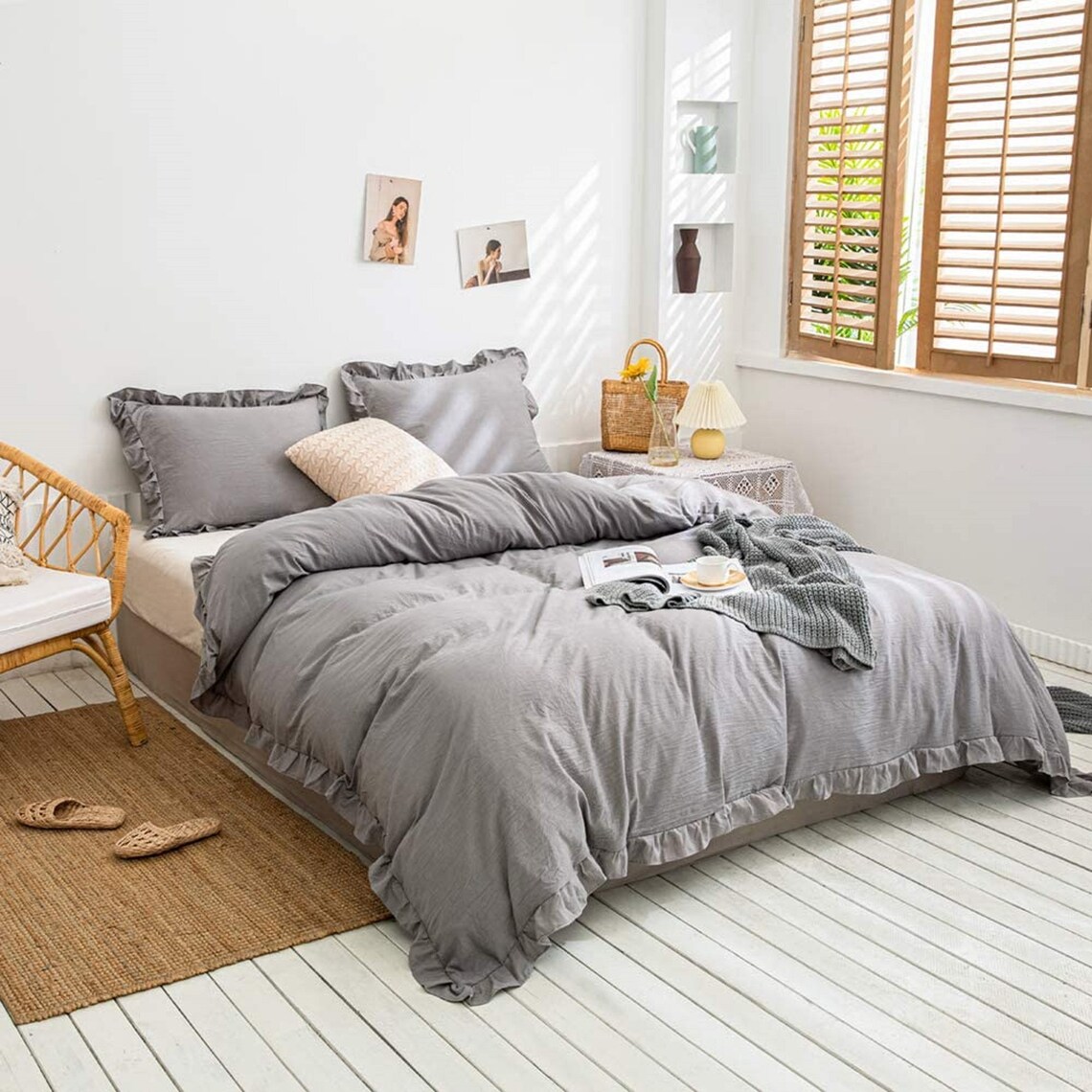 3 Pcs Ruffled Cotton Duvet Cover in Grey Color Bedding Set Etsy