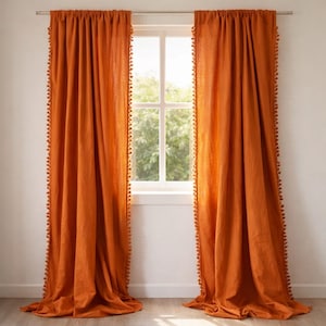 Handmade Rust Orange with Tassels 100% Linen Curtains, Two Panels Window Curtain Set