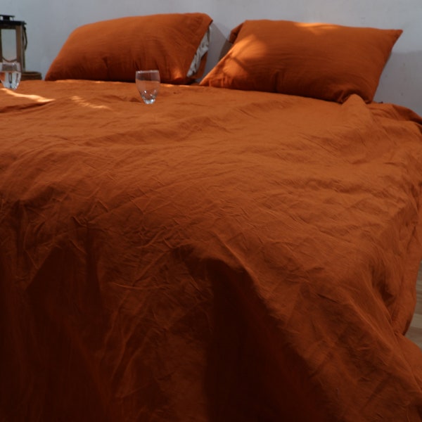Burnt Orange color Stonewashed Linen Duvet with Button Set, Linen bedding, uo bedding , boho bedding, full king size duvet cover,duvet cover