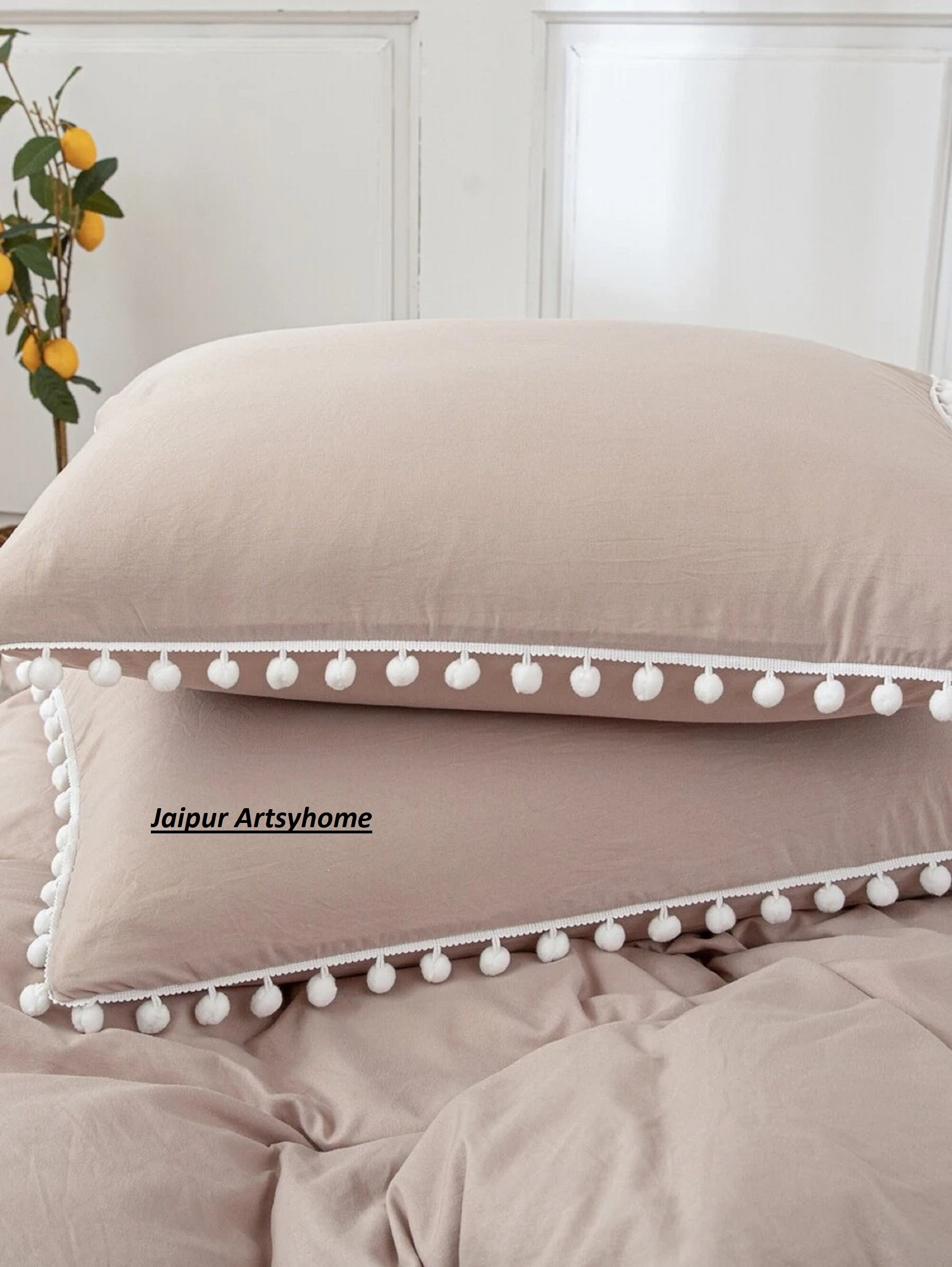 Beige Color and White Pom Pom Duvet Cover With Button 100 Etsy