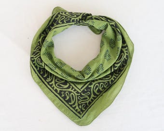 Moss Green Cotton Bandana Scarf: Hand Block Printed Floral Wrap