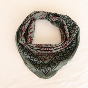 Sage Green Cotton Bandana: Hand Block Printed Floral Scarf