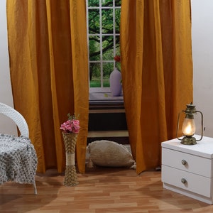 Handmade Yellow Mustard Cotton Curtains: Modern Farmhouse Style, Two Panels