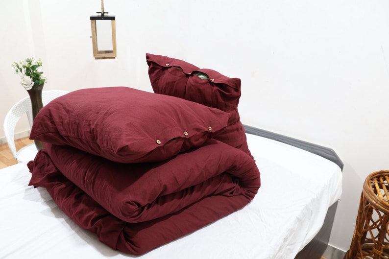 Linen duvet cover with buttons in Deep Burgundy / Washed soft linen king bedding / Natural stonewashed queen/ custom size linen duvet cover image 2