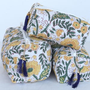 Set da 3 pezzi con stampa a blocchi a mano, borsa per il trucco, borsa da toilette con chiusura a cerniera, borsa a marsupio fatta a mano, borsa per accessori da viaggio