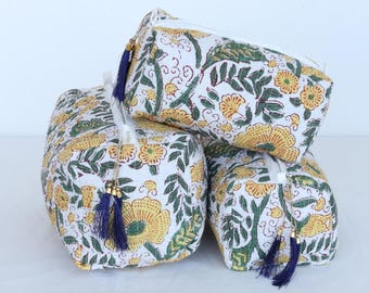 Hand Block Printed Cosmetic Bag Set: Quilted Cotton Travel Pouches