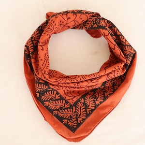 Hand Block Print Cotton Bandana: Burnt Orange Floral Scarf