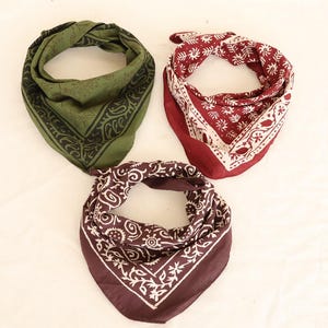 Hand Block Print Cotton Bandana Scarf Set: Boho Style, Natural Colors