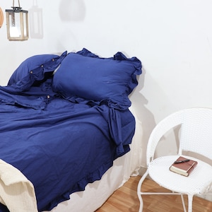 Dark Blue Ruffled duvet cover, 100% Washed Cotton duvet cover, Boho duvet cover, Cotton bedding duvet cover, Ruffle duvet cover 3 Pc Set