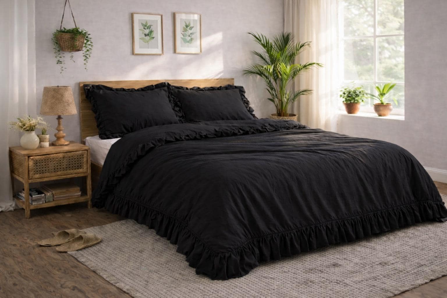 Handmade Full Black Ruffle Organic 100% Linen Duvet Cover Set, Softened ...