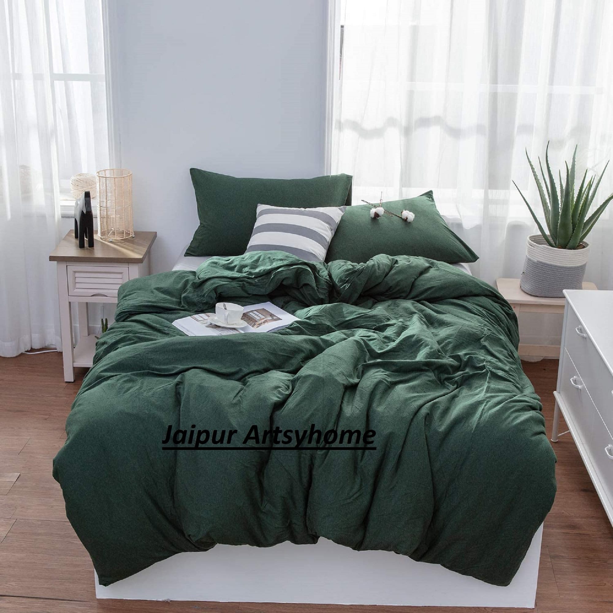 Cotton Duvet Cover Forest Green Color 3 Pcs Set Stonewashed Etsy