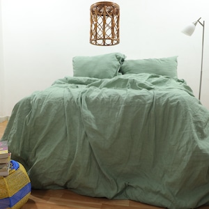 Sage green linen bedding set, Stonewashed Linen Bedding, Soft Linen Sage Green duvet cover, Linen duvet cover with matching 2 Pillow cover