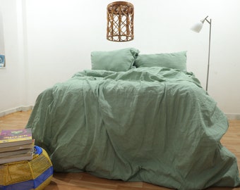 Handmade Sage Green Linen Bedding Set: Stonewashed Duvet Cover & Pillow Covers