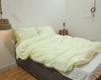 Handmade Yellow Pastel Cotton Duvet Cover Set: Organic Stonewashed Bedding